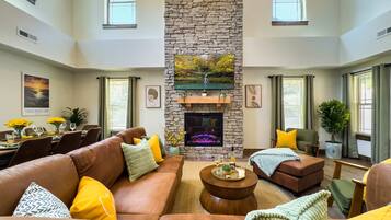 TV, fireplace, table football