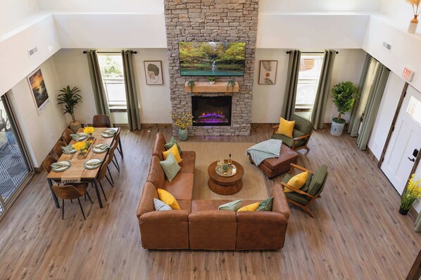 TV, fireplace, foosball