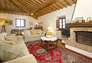 Smart TV, fireplace, books