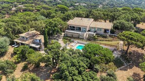 An aerial view of a villa with a swimming pool, surrounded by dense greenery and trees.