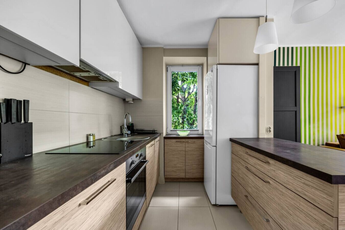 Fridge, oven, dishwasher, cookware/dishes/utensils