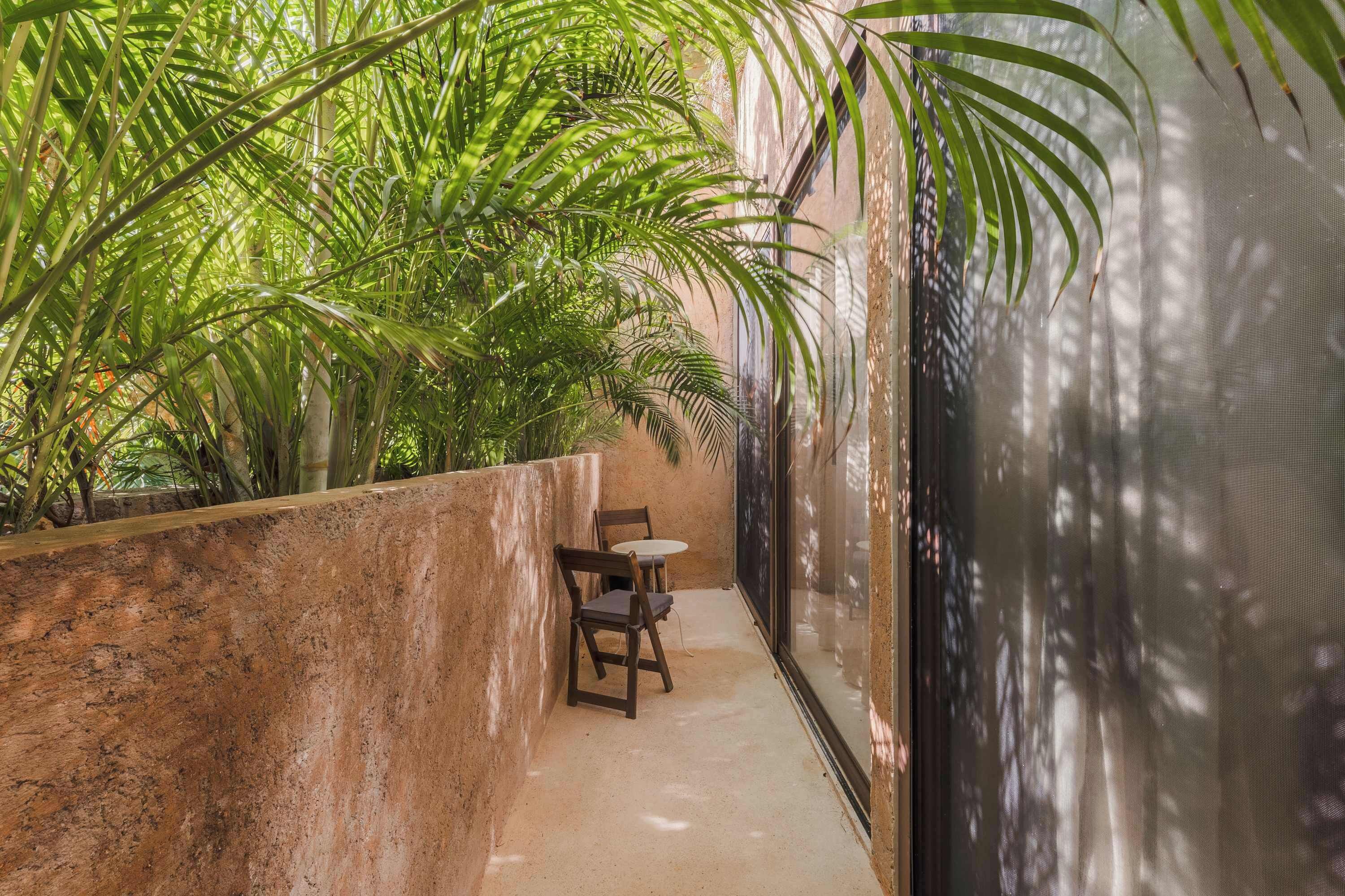 A narrow outdoor corridor with a concrete wall, a wooden bench, and chairs, surrounded by lush green foliage.
