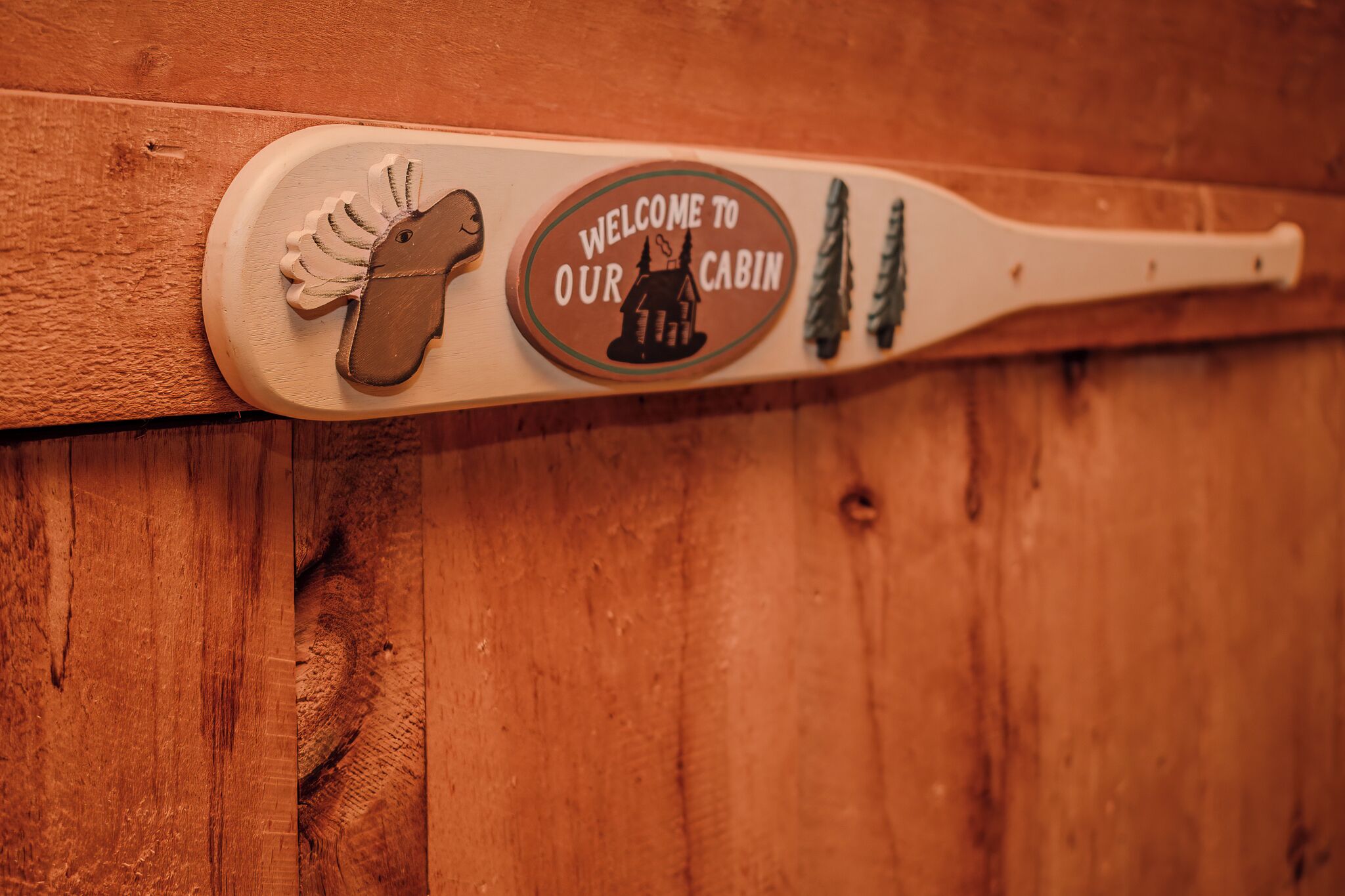 Une enseigne en bois avec un message de bienvenue et une illustration représentant un chalet.