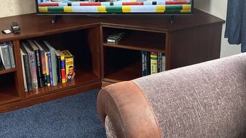Ein Fernseher zeigt ein Pferderennen, ein Bücherregal mit Büchern und ein braunes Sofa.