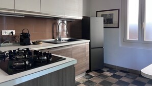 Eine moderne Küche mit Gasherd, Edelstahl-Spüle und einem integriertem Kühlschrank.