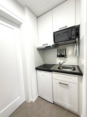 Fridge, microwave, stovetop, coffee/tea maker