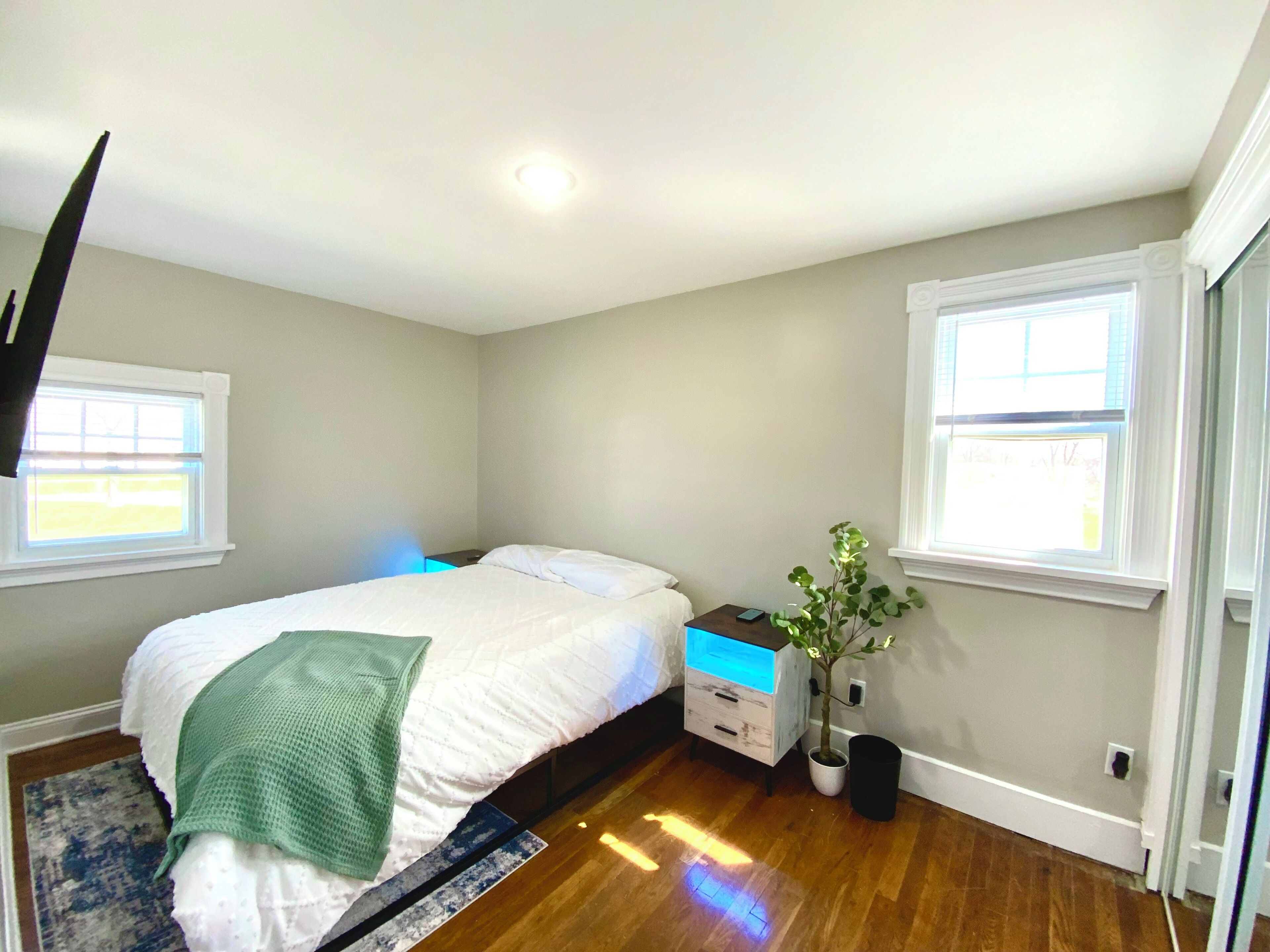 Une chambre à coucher avec un lit, une table de chevet, une commode et une plante en pot.