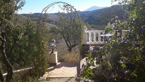 A garden with a pergola, a lantern, and a view of hills.
