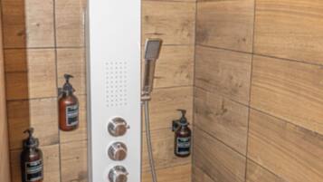 Hair dryer, towels, soap, shampoo