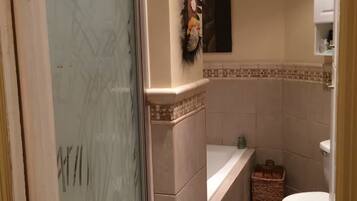 Hair dryer, towels, soap, toilet paper