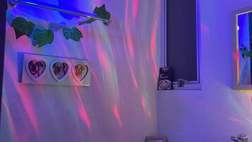 Hair dryer, towels, soap, toilet paper