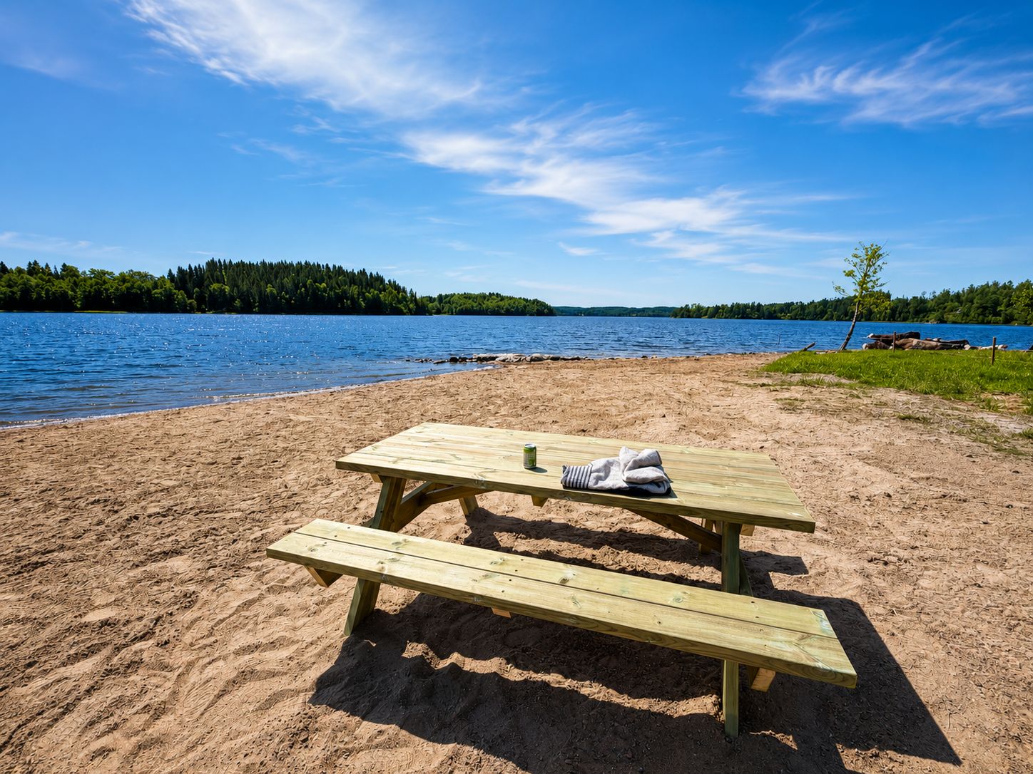 A wooden picnic table with benches on a sandy beach by a lake.