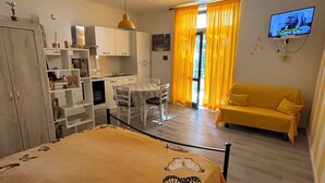 A room with a bed, a sofa, a TV, and a dining area.