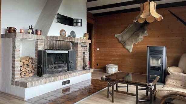A cozy living room with a stone fireplace, a wooden ceiling, and a leather sofa. - Urlaubsstube1982 - wildly romantic with a fireplace and rustic charm (Schöfweg)