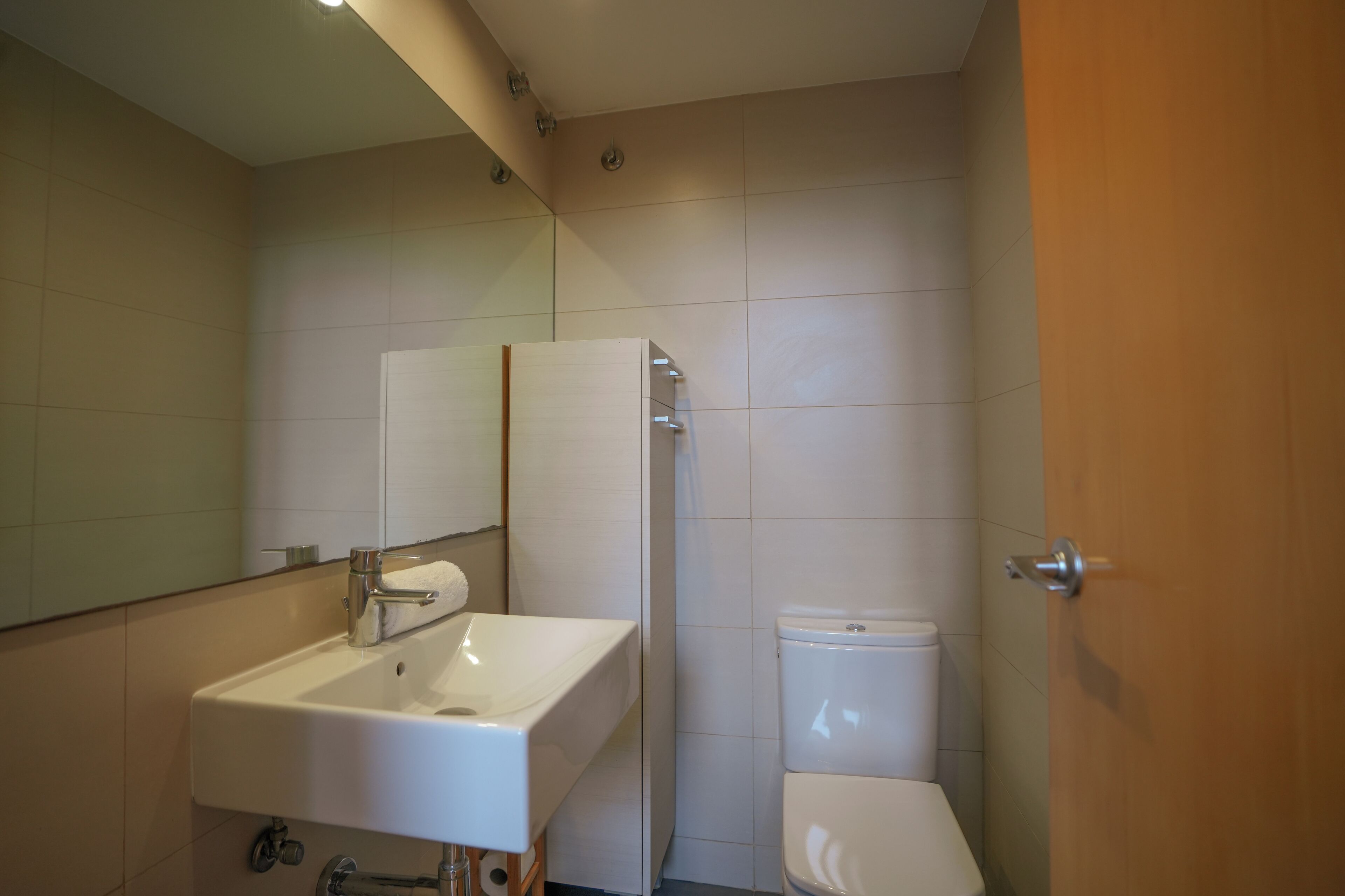 A bathroom with a sink, mirror, toilet, and shower area.
