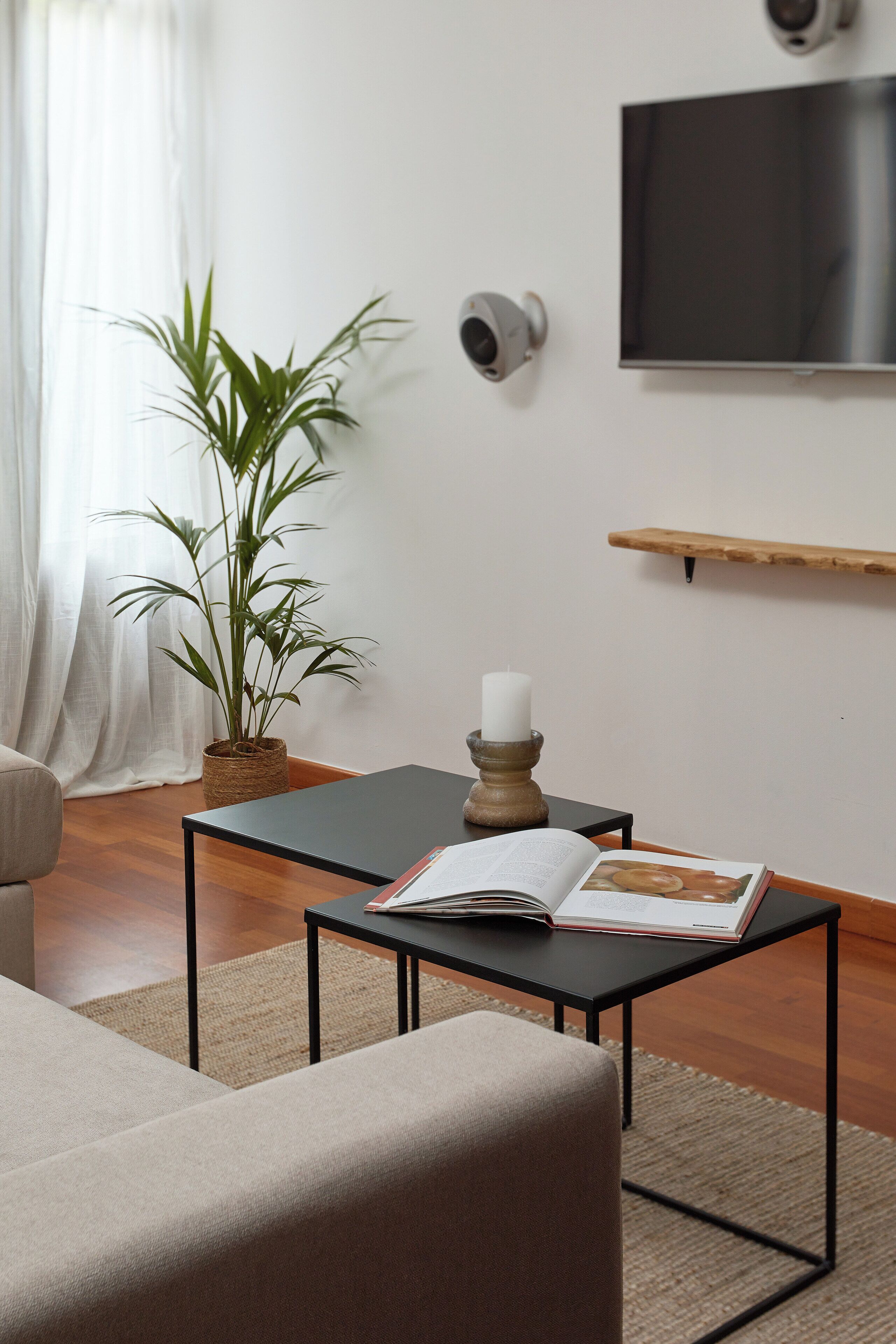 A modern living room with a sofa, a coffee table with a book, a potted plant, a candle, and a mounted TV.
