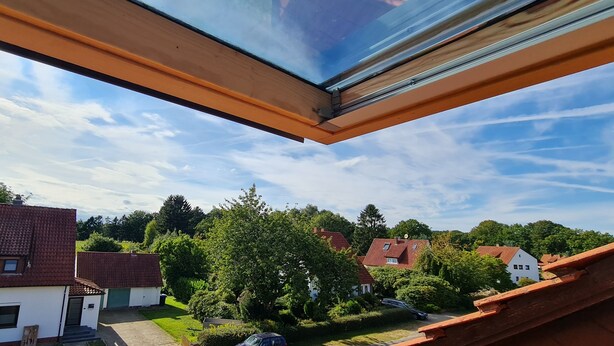 A skylight with a view of a residential area, including houses and greenery.