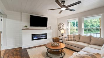 Smart TV, fireplace, books