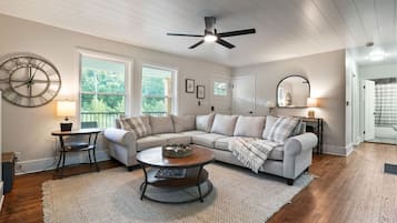 Smart TV, fireplace, books