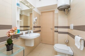 Shower, hair dryer, towels