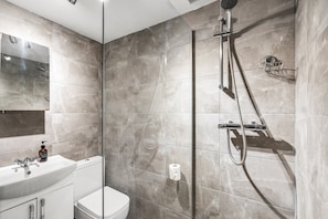 Shower, hair dryer, towels