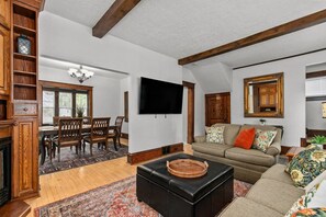 Smart TV, fireplace, books