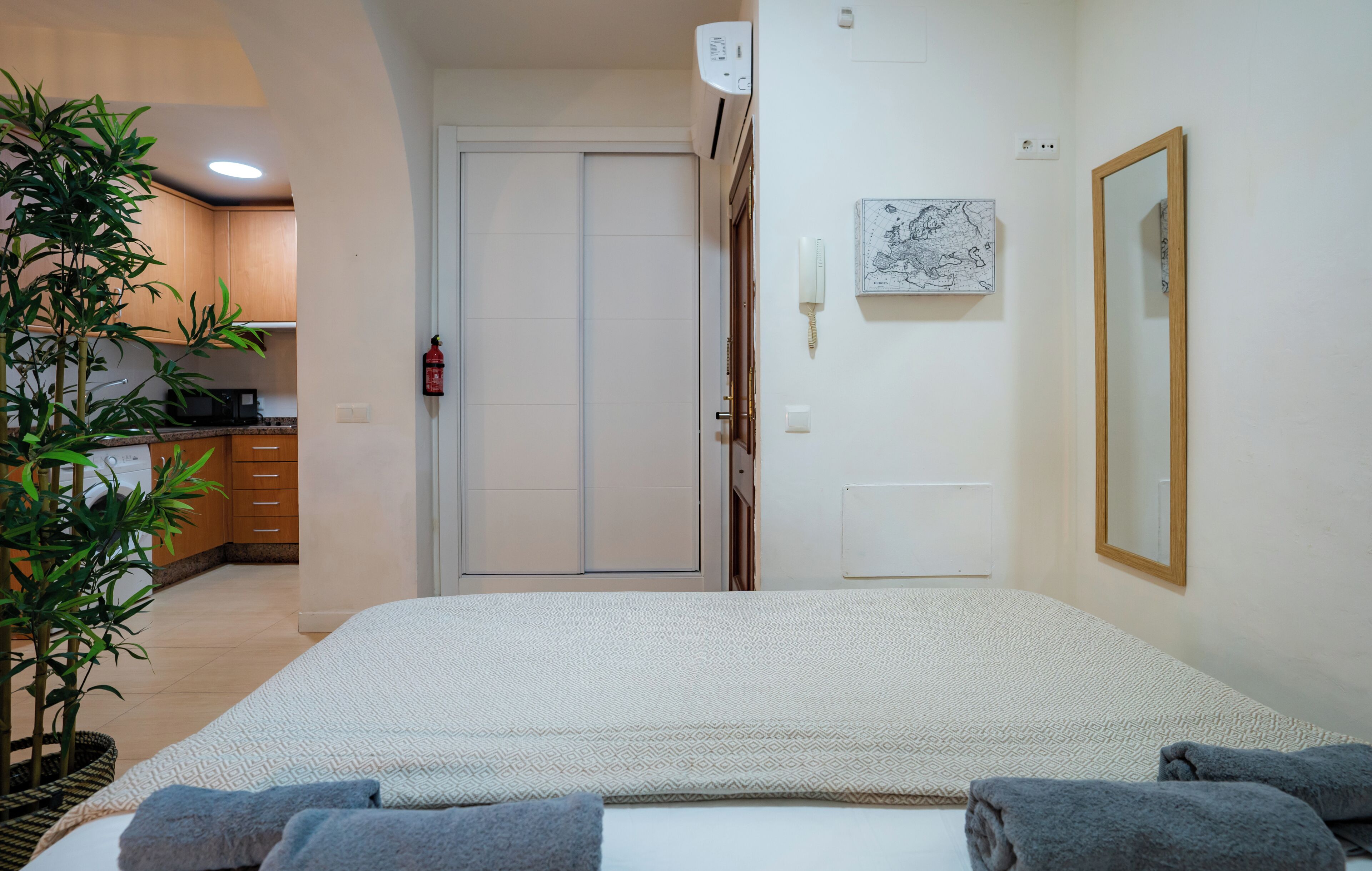 Un dormitorio con cama, planta en maceta, puerta, teléfono sujeto a la pared y un mapa.