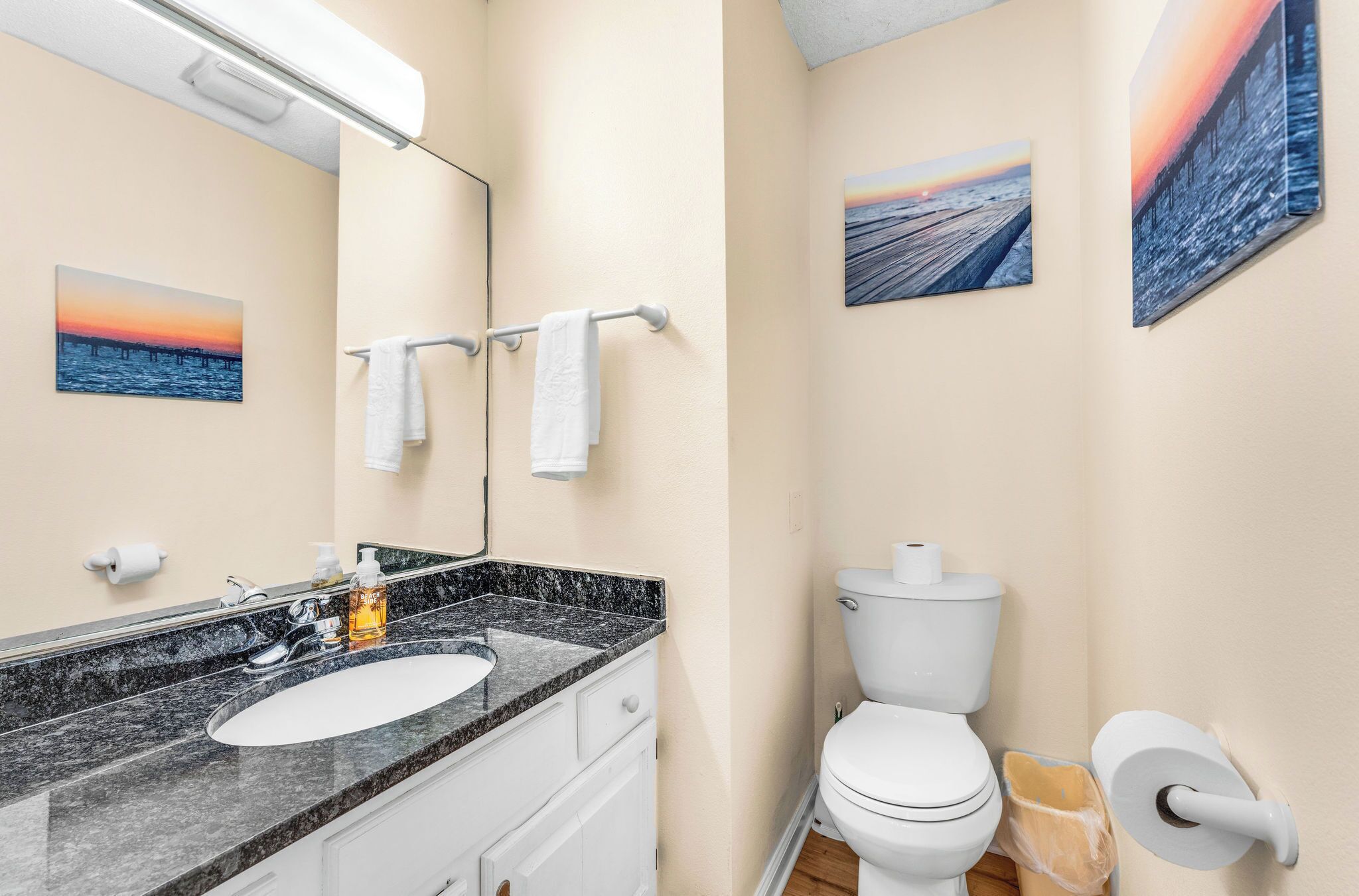 Une salle de bain avec un lavabo blanc, un miroir, des toilettes et deux tableaux accrochés au mur.