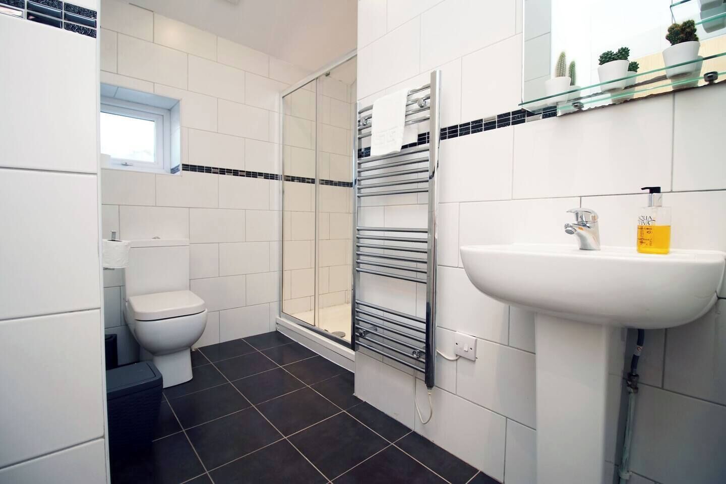 Shower, hair dryer, towels, toilet paper