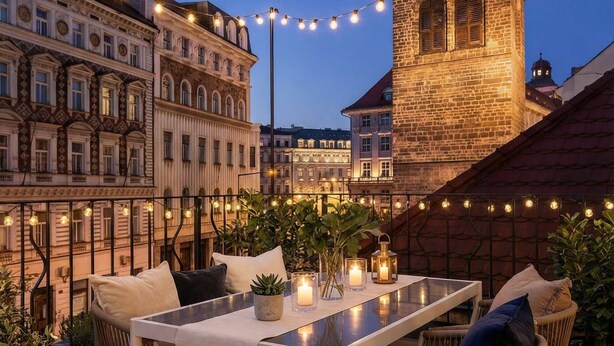 An outdoor dining area with a table, chairs, and string lights. - TurnKey | Henry's Tower Studio with Terrace III-3 (Hlavní město Praha)