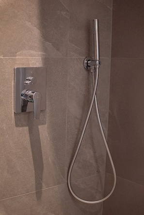 Shower, hair dryer, bidet, towels