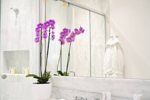 Dusche, Haartrockner, Handtücher, Seife