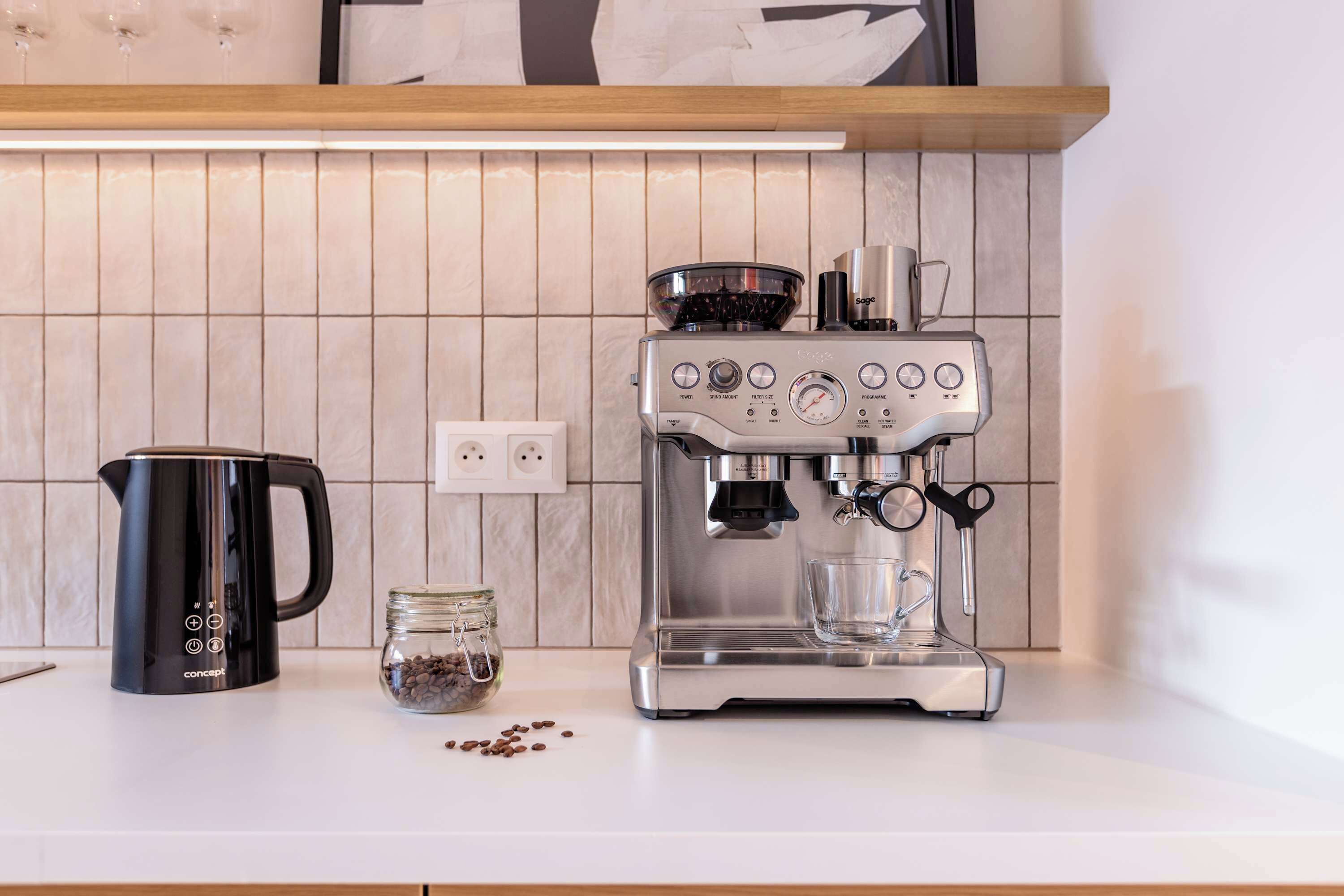 Fridge, stovetop, coffee/tea maker, cookware/dishes/utensils