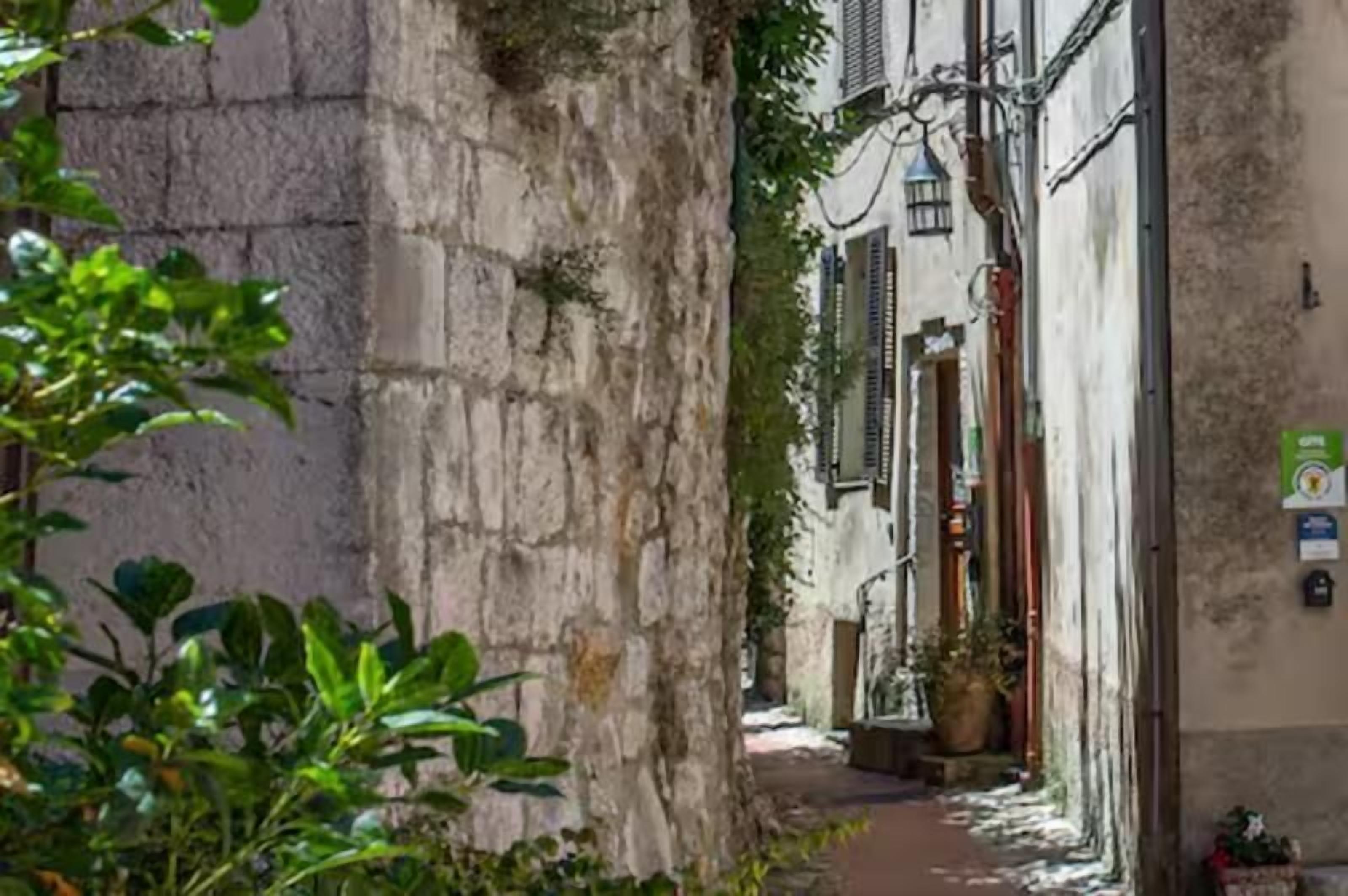 A narrow alleyway with stone walls and a narrow path.