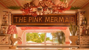 Un espace bar agrémenté d’une enseigne indiquant « The Pink Mermaid », avec un plafond décoratif, une plante en pot et des tabourets de bar verts.