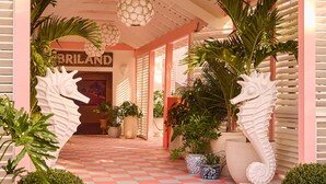 L’entrée d’un hôtel, avec une façade rose, un sol carrelé et de grands pots de plantes.