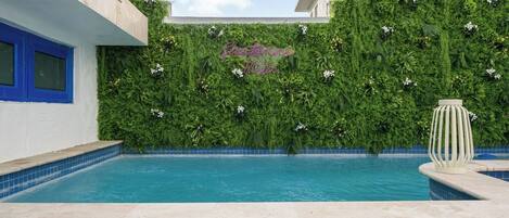 A swimming pool with a green wall and a sign that reads "Cartons Nila".