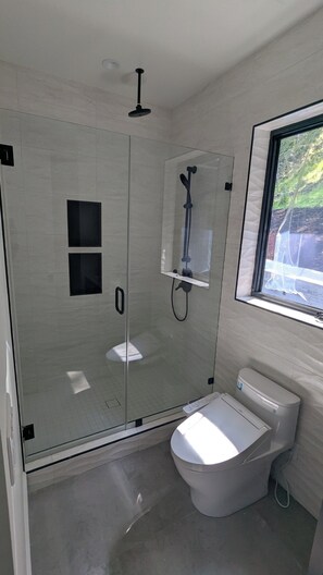 Shower, hair dryer, bidet, towels