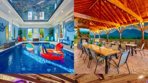 A pool area with a floating toy, a dining area with outdoor seating, and a game room with foosball tables and arcade games. - Amazing BRAND NEW 8bdrm Cabin-Pool-Arcades-Gazebo (Sevierville)