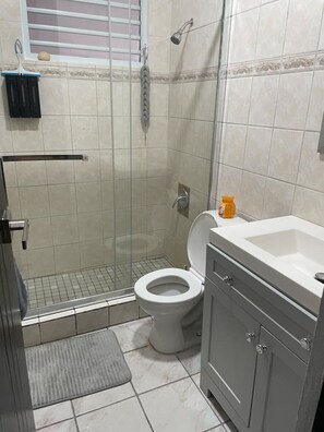 Dusche, Haartrockner, Handtücher, Seife