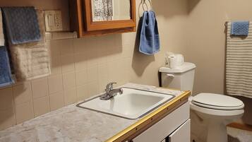 A bathroom with a sink, toilet, and shelves with towels.
