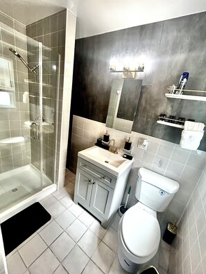 Hair dryer, towels, soap, shampoo