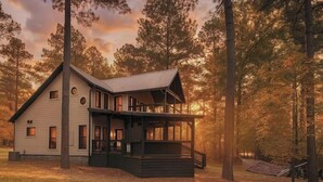 A cabin with a porch and a hammock.