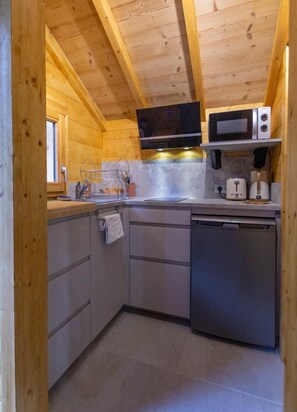 A compact kitchen with wooden beams, a microwave, toaster, and a dishwasher.