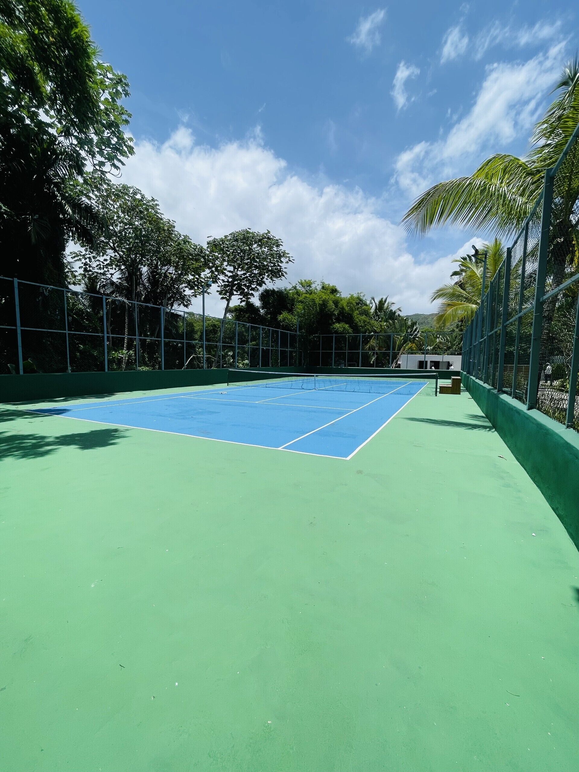 Un court de tennis en plein air, entouré de verdure et sous un ciel dégagé.