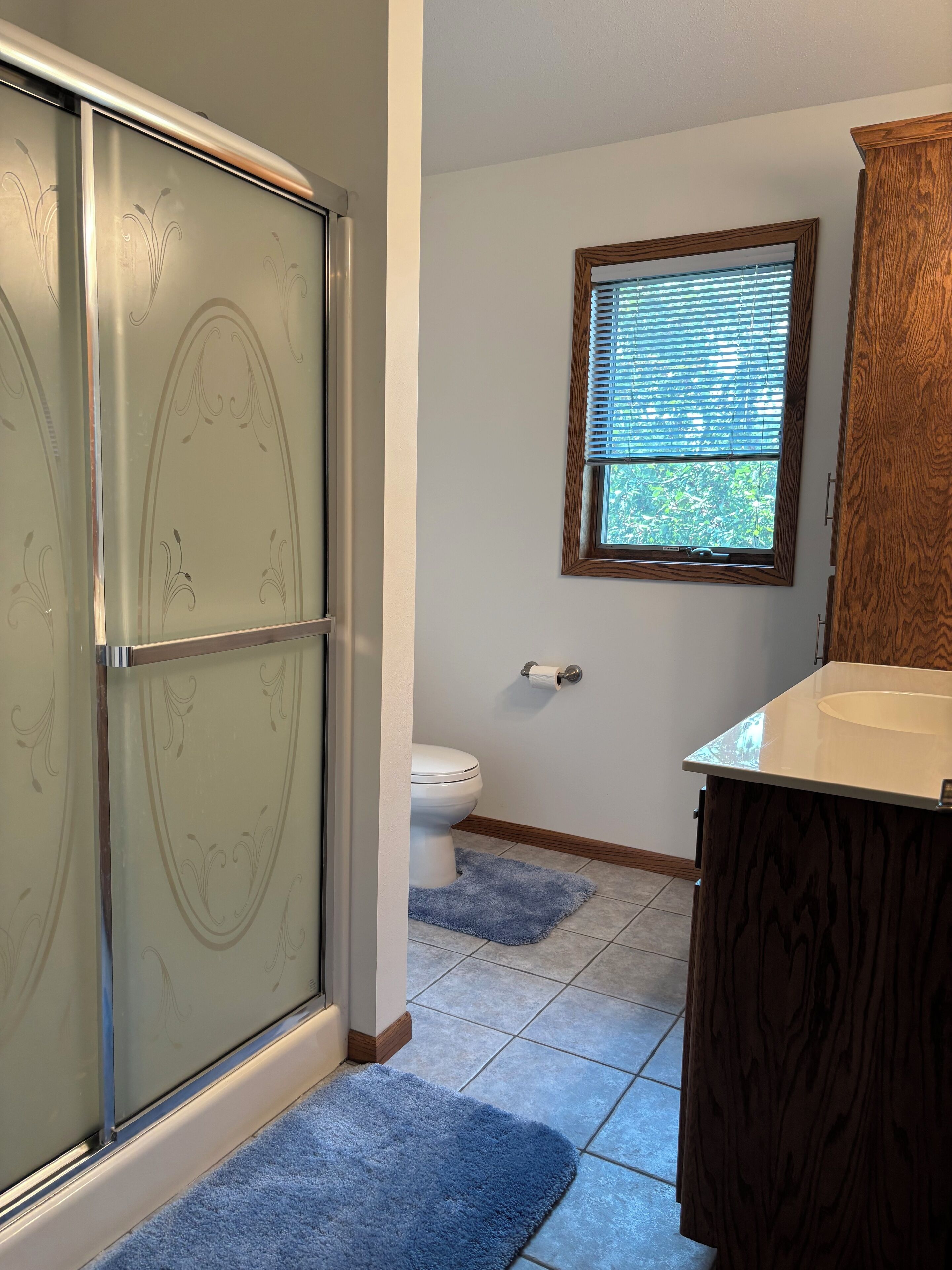 A bathroom with a glass shower enclosure, a toilet, a window with blinds, and a wooden vanity.