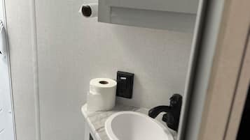 Shower, towels, soap, toilet paper