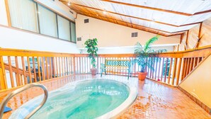 An indoor swimming pool with a wooden deck, potted plants, and a bench.
