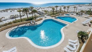 A swimming pool with a curved design, surrounded by lounge chairs and palm trees, overlooking a beach and ocean.