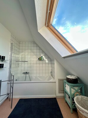 Douche, séchoir à cheveux, serviettes fournies, savon